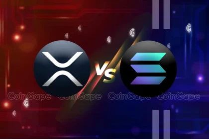 XRP and Solana logos facing off, symbolizing upcoming blockchain network debate.