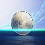 Dogecoin-inspired coin breaking above a glowing resistance level in a futuristic crypto trading scene