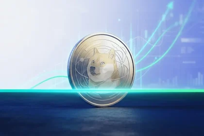 Dogecoin-inspired coin breaking above a glowing resistance level in a futuristic crypto trading scene