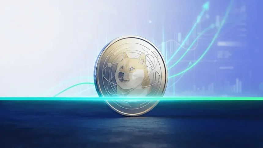 Dogecoin-inspired coin breaking above a glowing resistance level in a futuristic crypto trading scene