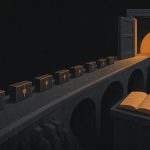 Editorial illustration of a bridge crossing a dark void toward an open, unfastened gate, with a closed ledger book on a pedestal nearby