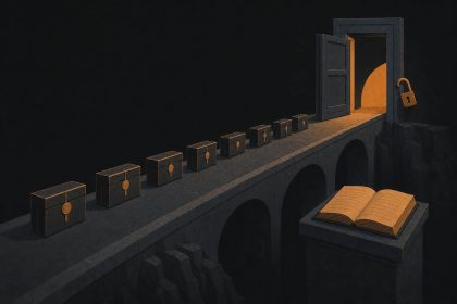 Editorial illustration of a bridge crossing a dark void toward an open, unfastened gate, with a closed ledger book on a pedestal nearby