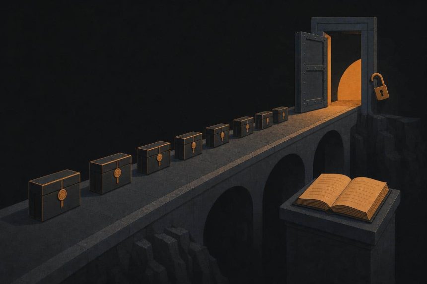 Editorial illustration of a bridge crossing a dark void toward an open, unfastened gate, with a closed ledger book on a pedestal nearby