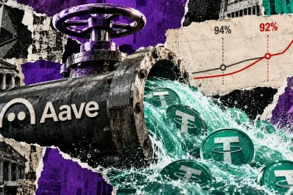 Aave-branded industrial valve releases a torrent of USDT tokens beside a chart showing the 92% and 94% borrowing thresholds.