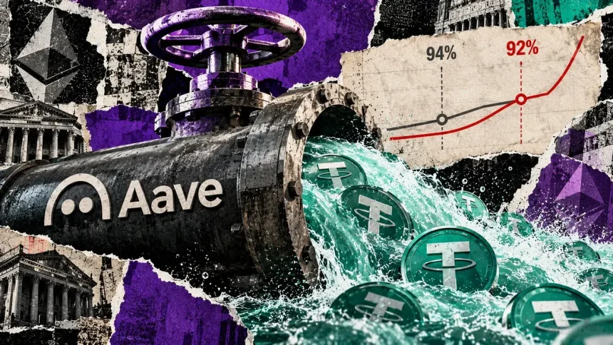 Aave-branded industrial valve releases a torrent of USDT tokens beside a chart showing the 92% and 94% borrowing thresholds.