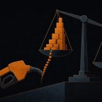 Flat editorial illustration of a fuel nozzle with rising geometric blocks feeding a tilted balance scale, symbolizing energy prices pushing inflation