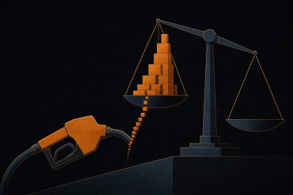 Flat editorial illustration of a fuel nozzle with rising geometric blocks feeding a tilted balance scale, symbolizing energy prices pushing inflation
