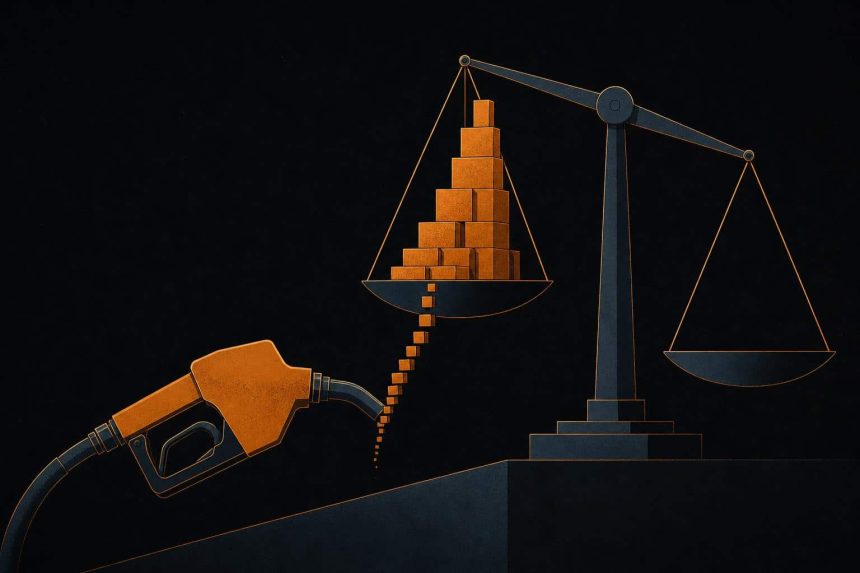 Flat editorial illustration of a fuel nozzle with rising geometric blocks feeding a tilted balance scale, symbolizing energy prices pushing inflation